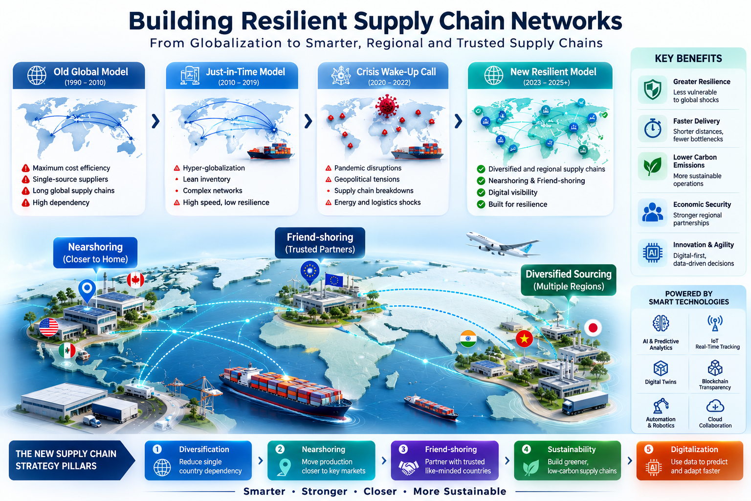 Illustration of resilient supply chain networks with nearshoring and friend-shoring strategies