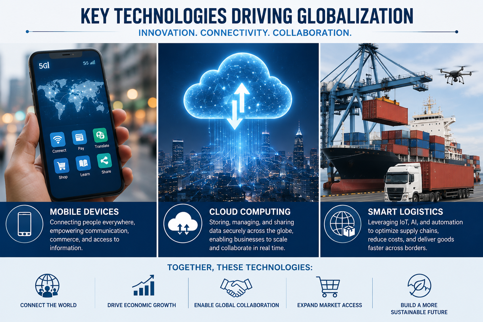 Key technologies driving globalization including mobile devices, cloud computing, and smart logistics