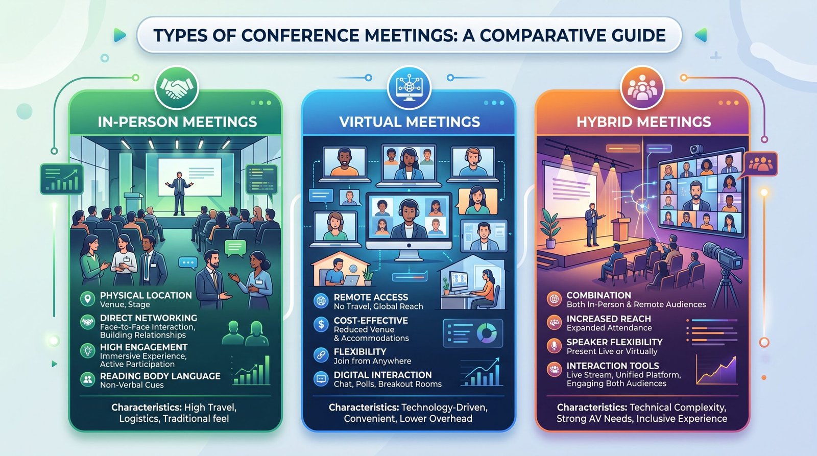 Infographic showing three types of conference meetings: in-person, virtual, and hybrid